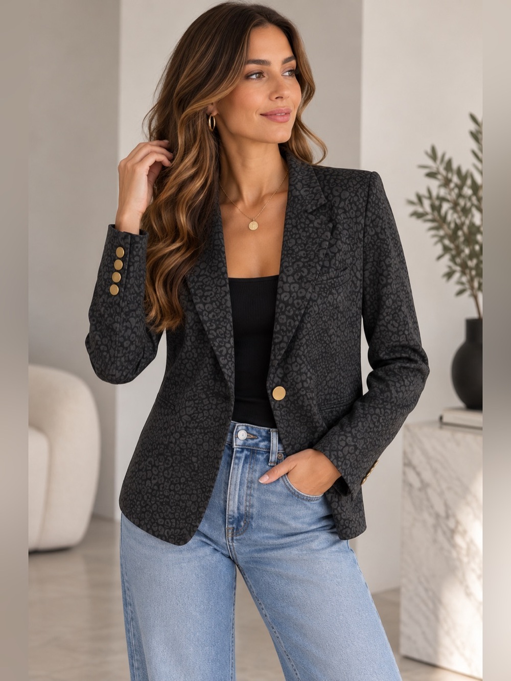 Soft Surroundings Petite M Black Leopard Jacquard Blazer Gold Button Jacket